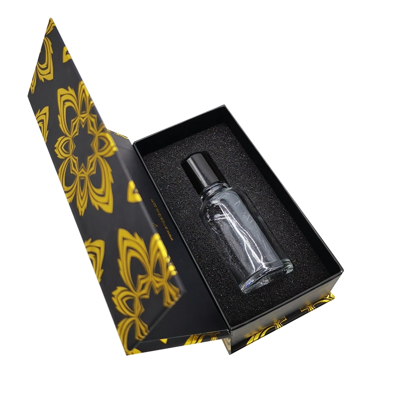 Custom Logo Luxury Essential Oil Bottle Paper Packaging Rigid Cosmetic Flap Lip Folding Black Gift Box with Foam and Magnetic Closure